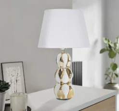 Lampe de table Glam Balls Céramique Blanche et Dorée abat-jour tissu Blanc