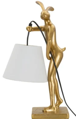 Lampe de table Lapin Polyrésine Dorée abat-jour Tissu Blanc