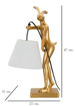 Lampe de table Lapin Polyrésine Dorée abat-jour Tissu Blanc