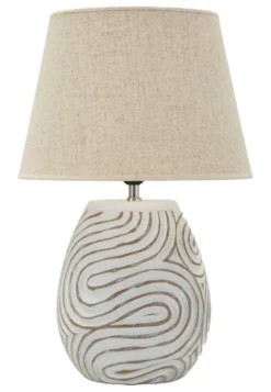 Lampe de table Oblix résine gravée blanche abat-jour tissu gris clair