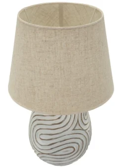 Lampe de table Oblix résine gravée blanche abat-jour tissu gris clair