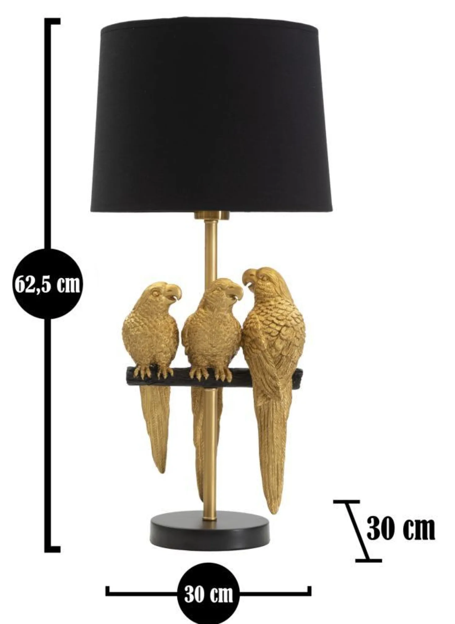 Lampe de table Perroquets métal doré abat-jour tissu noir