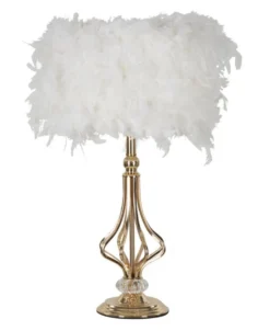 Lampe de table Tarty métal doré abat-jour plumes synthétiques blanches