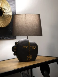 Lampe de table Tribal Polyrésine Noir abat-jour Tissu Gris