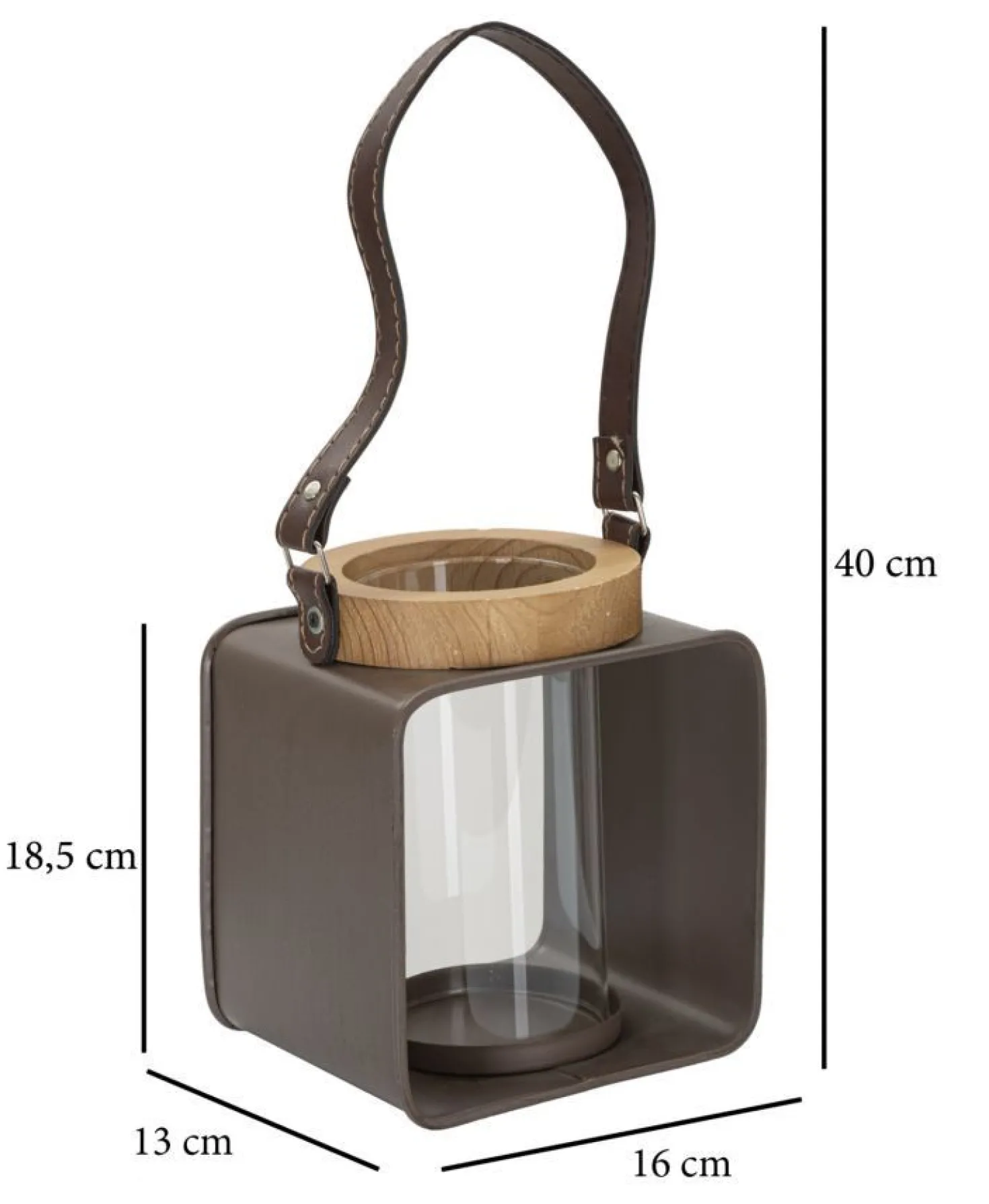 Lanterne en métal et bois design 19ème siècle verre transparent poignée en cuir