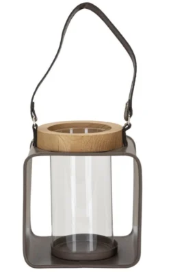 Lanterne en métal et bois design 19ème siècle verre transparent poignée en cuir