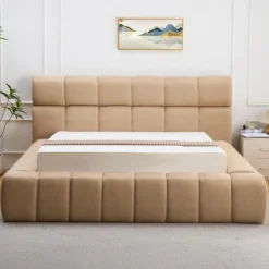 Lit-coffre avec rebords matelassés Challow 140x190cm Tissu Beige