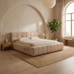 Lit-coffre avec rebords matelassés Challow 160x200cm Tissu Bouclette Beige
