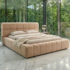 Lit-coffre avec rebords matelassés Challow 180x200cm Tissu Bouclette Beige
