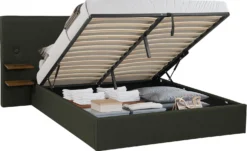 Lit-coffre complet avec tablettes et ports USB intégrés Lukas 180x200cm Tissu Vert