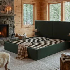 Lit-coffre complet avec tablettes et ports USB intégrés Lukas 180x200cm Tissu Vert
