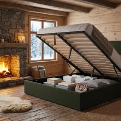 Lit-coffre complet avec tablettes et ports USB intégrés Lukas 180x200cm Tissu Vert