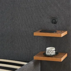 Lit-coffre complet avec tablettes et ports USB intégrés Lukas 140x190cm Tissu Gris