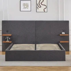 Lit-coffre complet avec tablettes et ports USB intégrés Lukas 140x190cm Tissu Gris