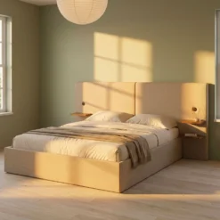 Lit-coffre complet avec tablettes et ports USB intégrés Lukas 160x200cm Tissu Taupe clair