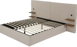 Lit-coffre complet avec tablettes et ports USB intégrés Lukas 160x200cm Tissu Taupe clair