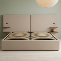 Lit-coffre complet avec tablettes et ports USB intégrés Lukas 160x200cm Tissu Taupe clair