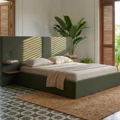 Lit-coffre complet avec tablettes et ports USB intégrés Lukas 160x200cm Tissu Vert