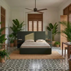 Lit-coffre complet avec tablettes et ports USB intégrés Lukas 160x200cm Tissu Vert