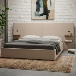 Lit-coffre complet avec tablettes et ports USB intégrés Lukas 180x200cm Tissu Taupe clair