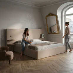 Lit-coffre complet avec tablettes et ports USB intégrés Lukas 180x200cm Tissu Taupe clair