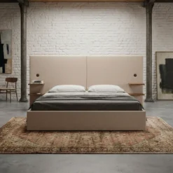 Lit-coffre complet avec tablettes et ports USB intégrés Lukas 180x200cm Tissu Taupe clair