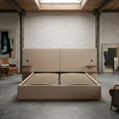 Lit-coffre complet avec tablettes et ports USB intégrés Lukas 180x200cm Tissu Taupe clair