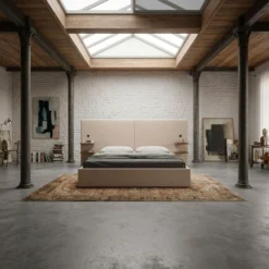 Lit-coffre complet avec tablettes et ports USB intégrés Lukas 180x200cm Tissu Taupe clair