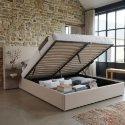 Lit-coffre complet avec tablettes et ports USB intégrés Lukas 180x200cm Tissu Taupe clair