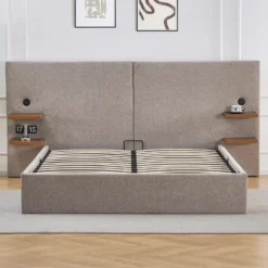 Lit-coffre complet avec tablettes et ports USB intégrés Lukas 140x190cm Tissu Taupe clair