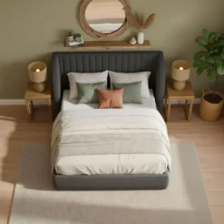 Lit coffre-complet avec tête de lit modulable Cocon 140x200cm Tissu Gris foncé