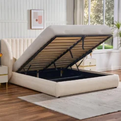 Lit-coffre complet avec tête de lit modulable Cocon 160x200cm Tissu Beige