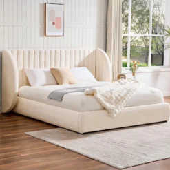Lit-coffre complet avec tête de lit modulable Cocon 160x200cm Tissu Beige