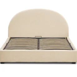 Lit-coffre complet avec tête de lit arrondie Bowiz 140x190cm Tissu bouclette Beige