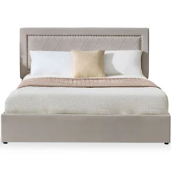Lit coffre Sandiego avec sommier relevable 160x200cm et tête de lit cloutée Velours Taupe