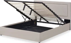 Lit coffre Sandiego avec sommier relevable 160x200cm et tête de lit cloutée Velours Taupe