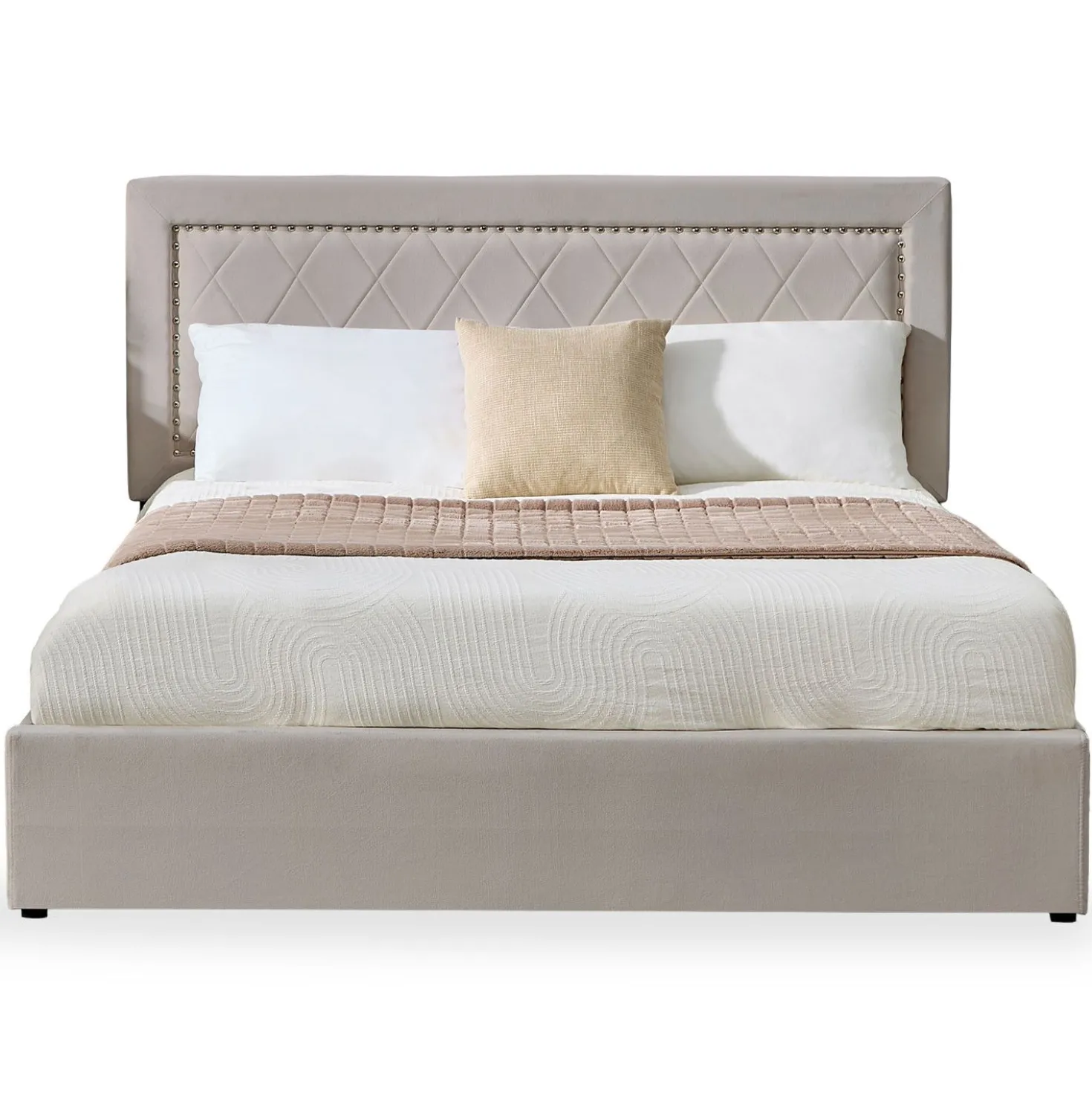 Lit coffre Sandiego avec sommier relevable 140x200cm et tête de lit cloutée Velours Taupe