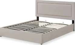 Lit coffre Sandiego avec sommier relevable 140x200cm et tête de lit cloutée Velours Taupe