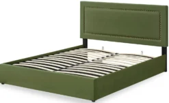 Lit coffre Sandiego avec sommier relevable 160x200cm et tête de lit cloutée Velours Kaki