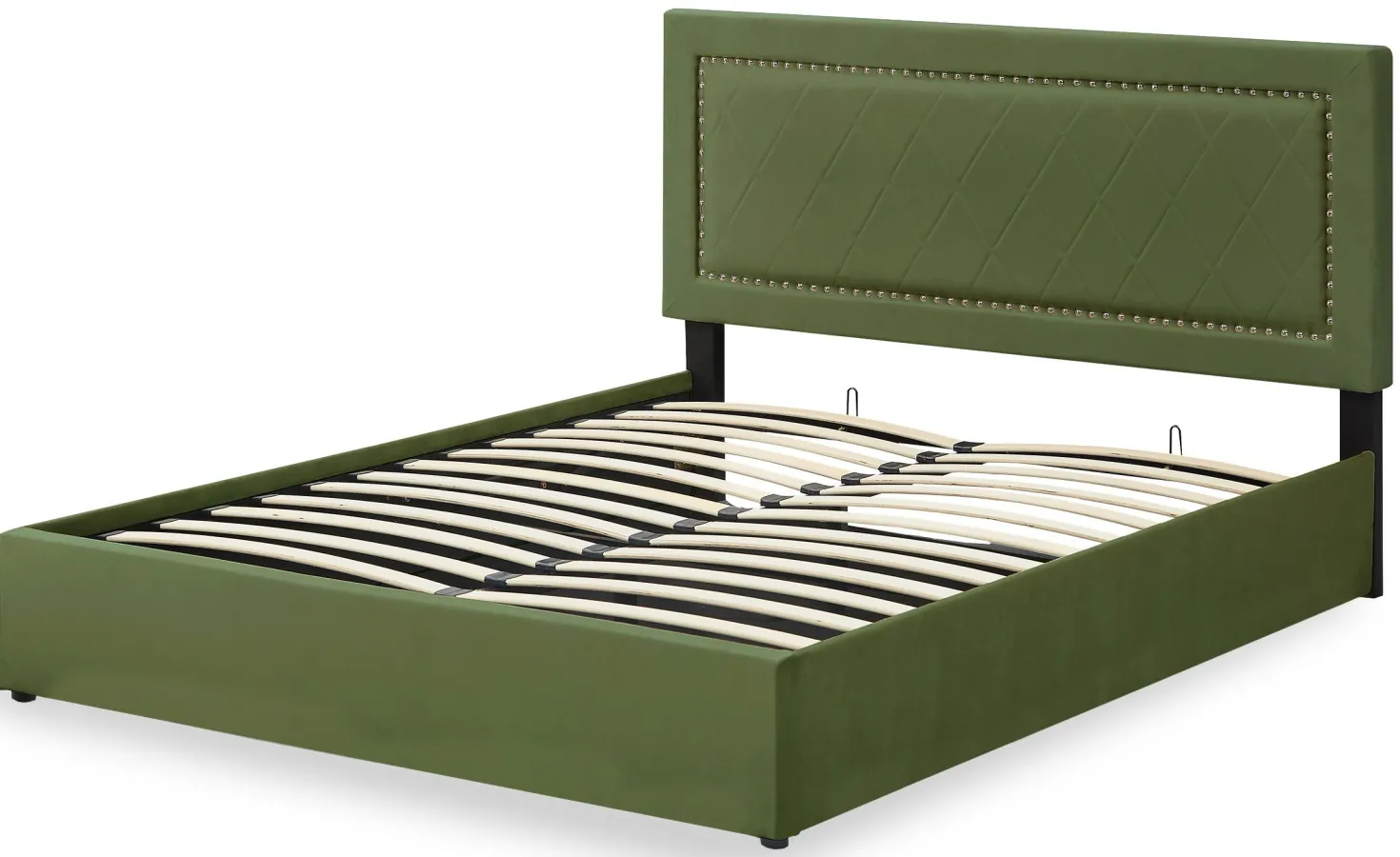 Lit coffre Sandiego avec sommier relevable 160x200cm et tête de lit cloutée Velours Kaki