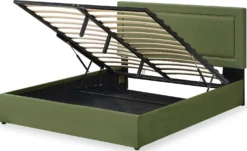 Lit coffre Sandiego avec sommier relevable 160x200cm et tête de lit cloutée Velours Kaki