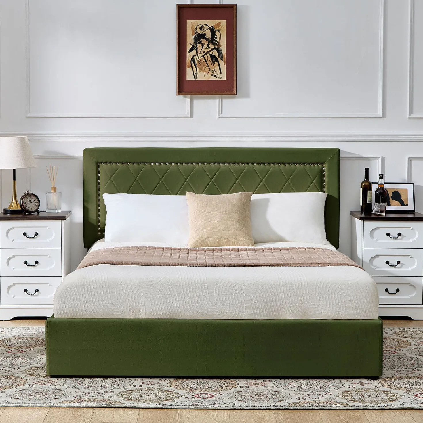 Lit coffre Sandiego avec sommier relevable 160x200cm et tête de lit cloutée Velours Kaki
