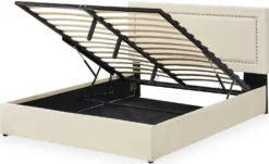 Lit coffre Sandiego avec sommier relevable 140x200cm et tête de lit cloutée Velours Beige