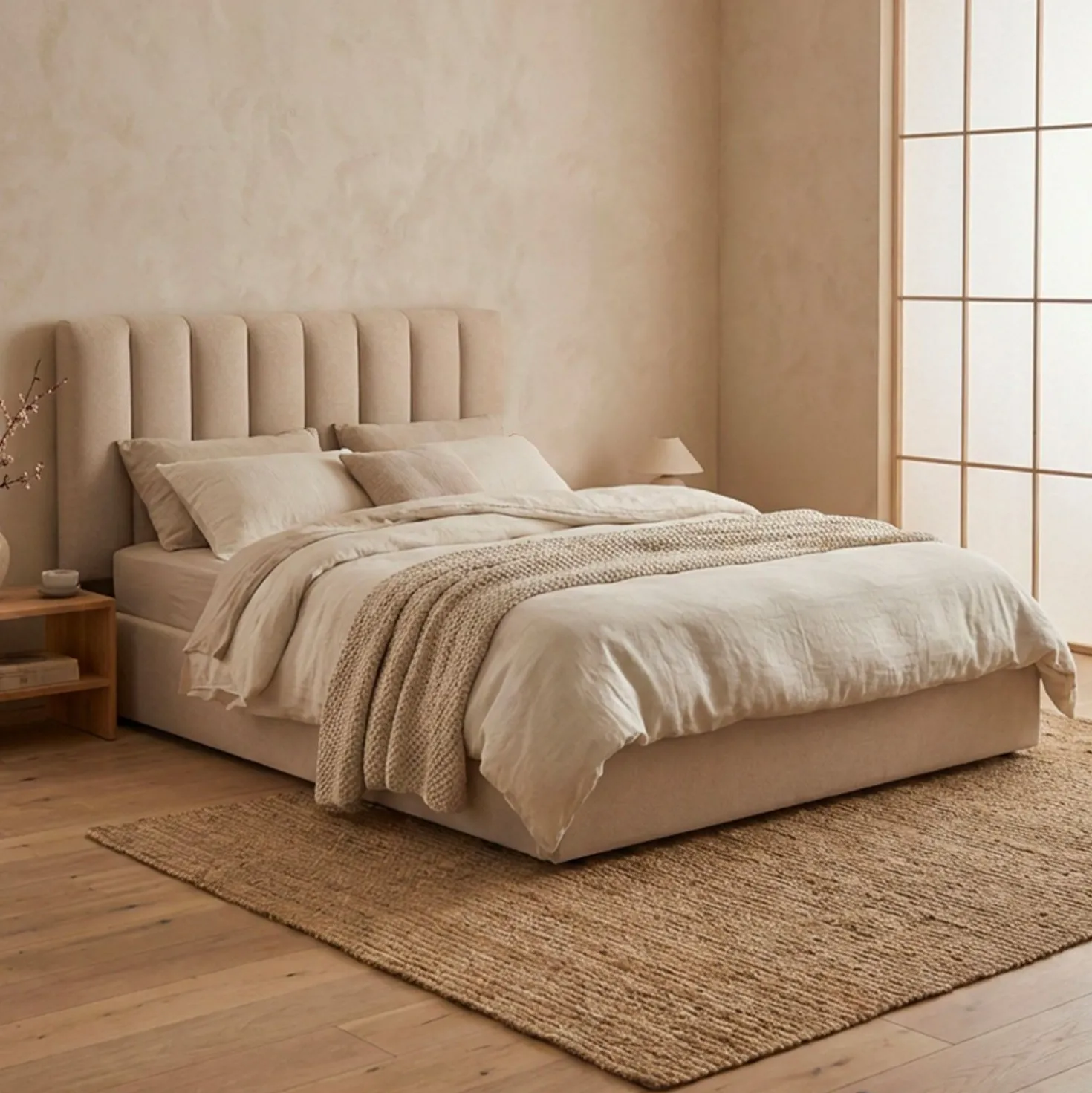 Lit Coffre Songe + Sommier Tissu Beige 160cm