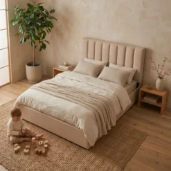 Lit Coffre Songe + Sommier Tissu Beige 160cm