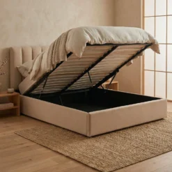Lit Coffre Songe + Sommier Tissu Beige 160cm