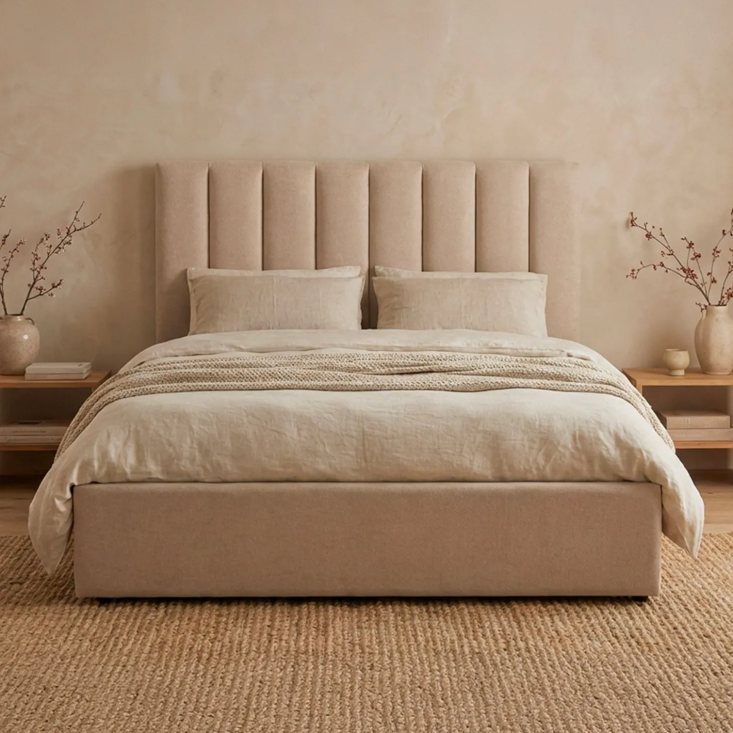 Lit Coffre Songe + Sommier Tissu Beige 160cm