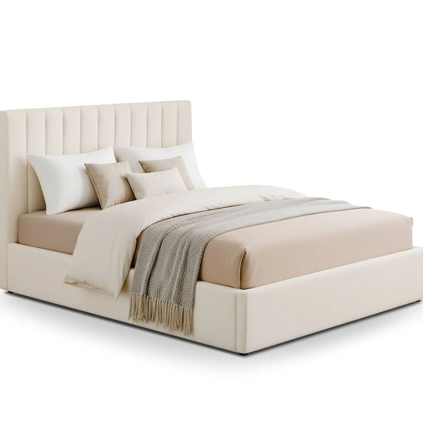 Lit Coffre Songe + Sommier Tissu bouclette Beige 180cm