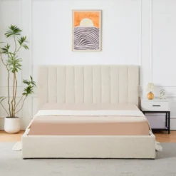 Lit Coffre Songe + Sommier Tissu bouclette Beige 180cm