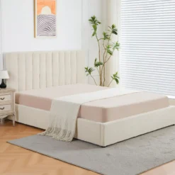 Lit Coffre Songe + Sommier Tissu bouclette Beige 180cm
